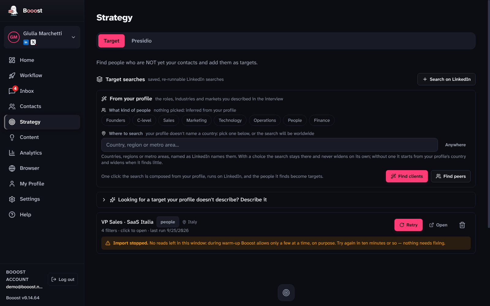 The Target tab of the Strategy page: saved searches at the top, affinity cards below
