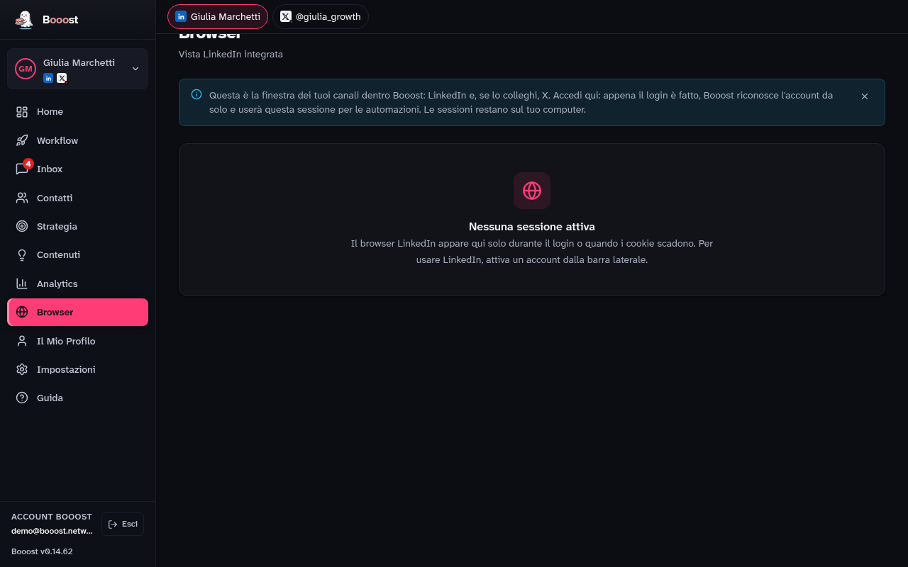 La finestra LinkedIn integrata nella pagina Browser