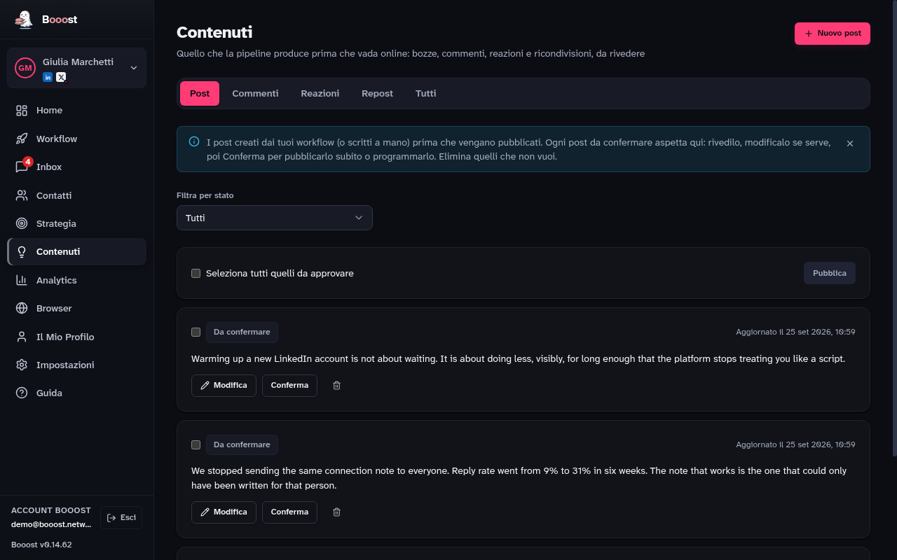 La pagina Contenuti con le schede e la coda di revisione