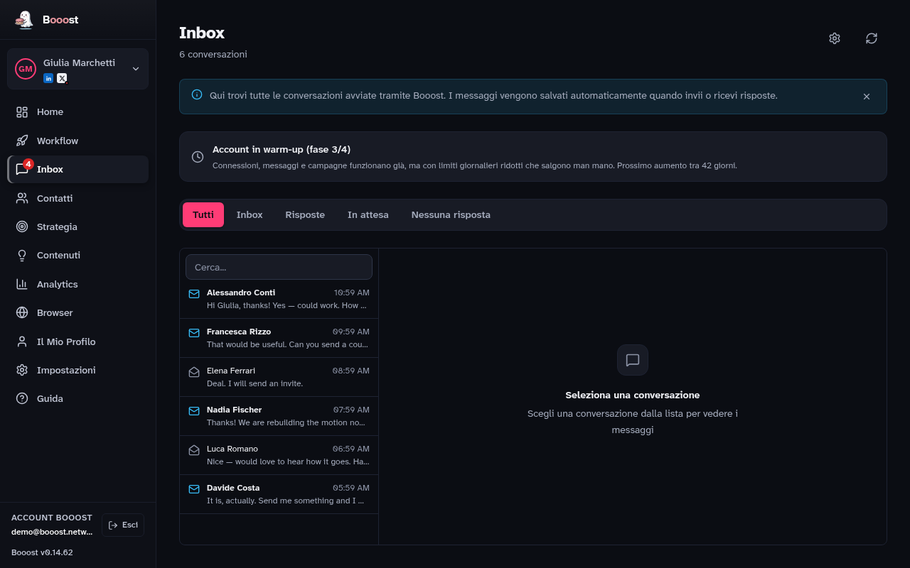 La pagina Inbox con l'elenco delle conversazioni e il thread aperto