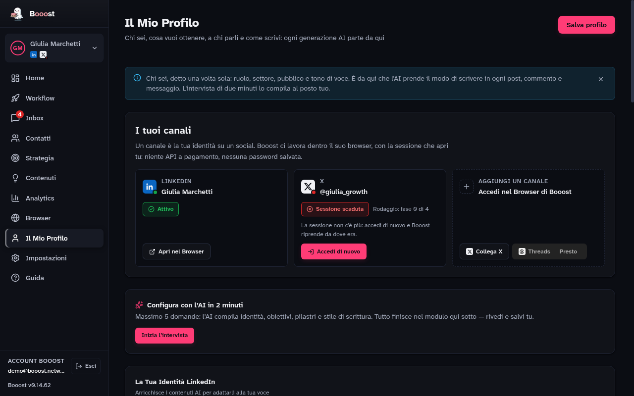 La cima della pagina Il Mio Profilo: i tuoi canali, poi «Configura con l'AI in 2 minuti» col pulsante «Inizia l'intervista»